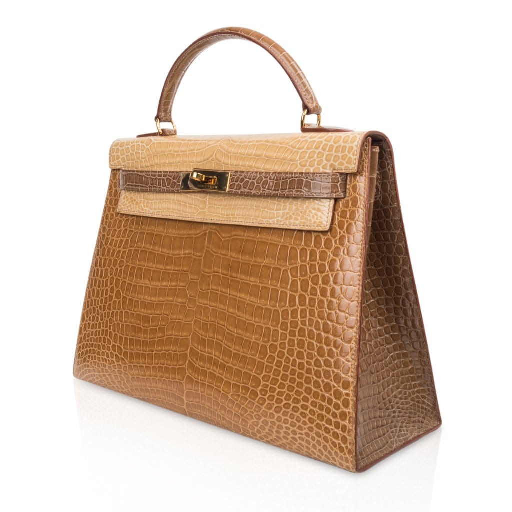 👜Limited Edition Tri-Color Kelly Sellier 32 Bag  Poussiere Poudre Ficelle Porosus Crocodile