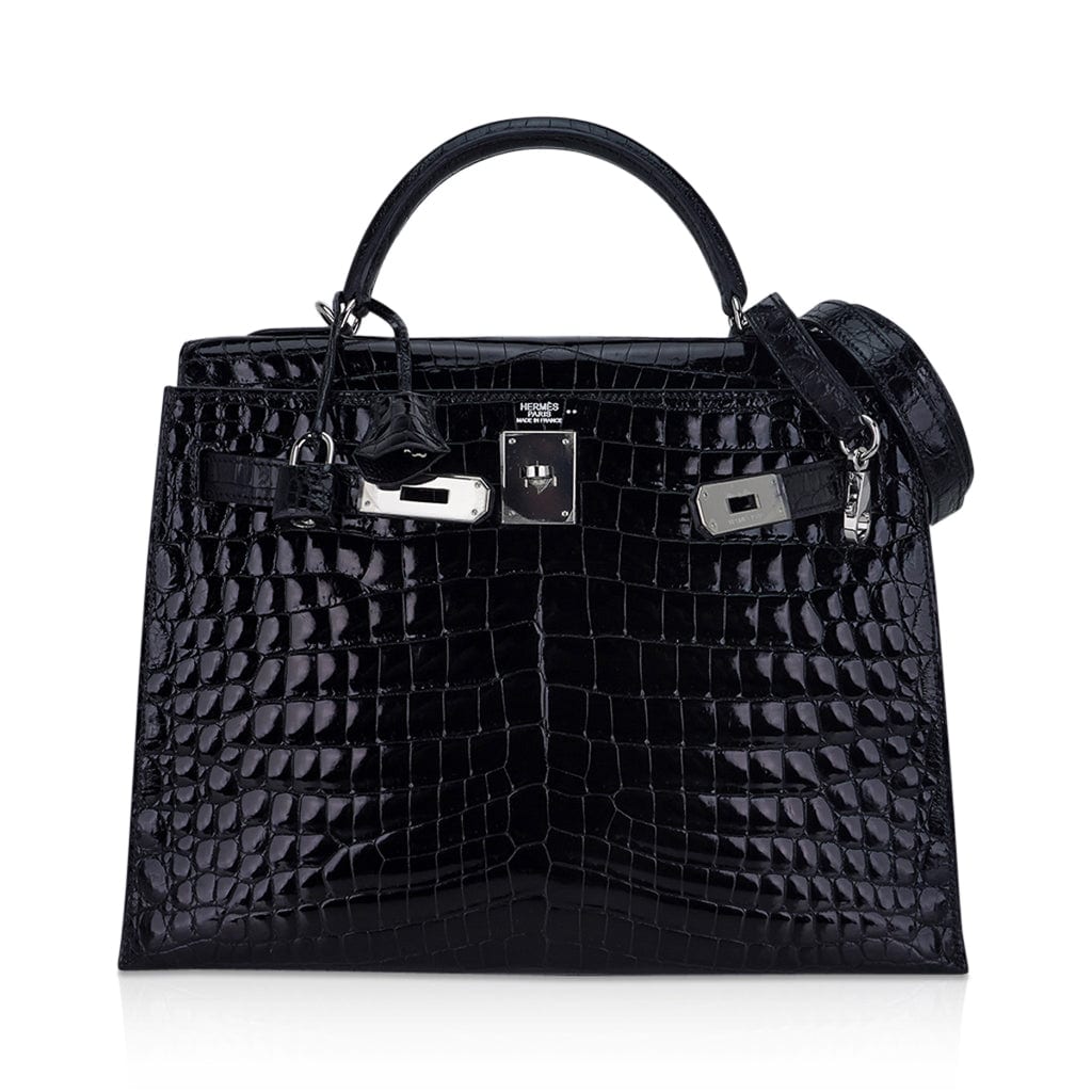 👜Kelly 32 Sellier Bag Black Crocodile with Palladium Hardware