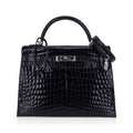 👜Kelly 32 Sellier Bag Black Crocodile with Palladium Hardware