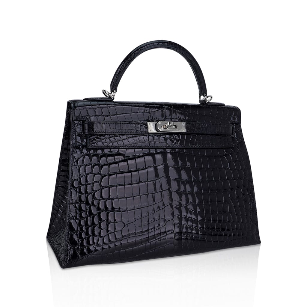 👜Kelly 32 Sellier Bag Black Crocodile with Palladium Hardware