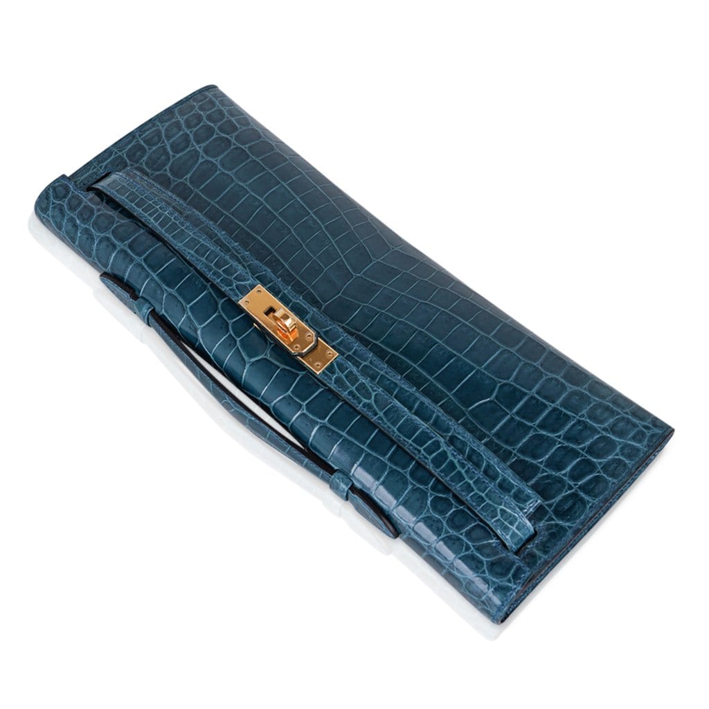 👜Kelly Cut Bag Blue Colvert Crocodile with Gold Hardware