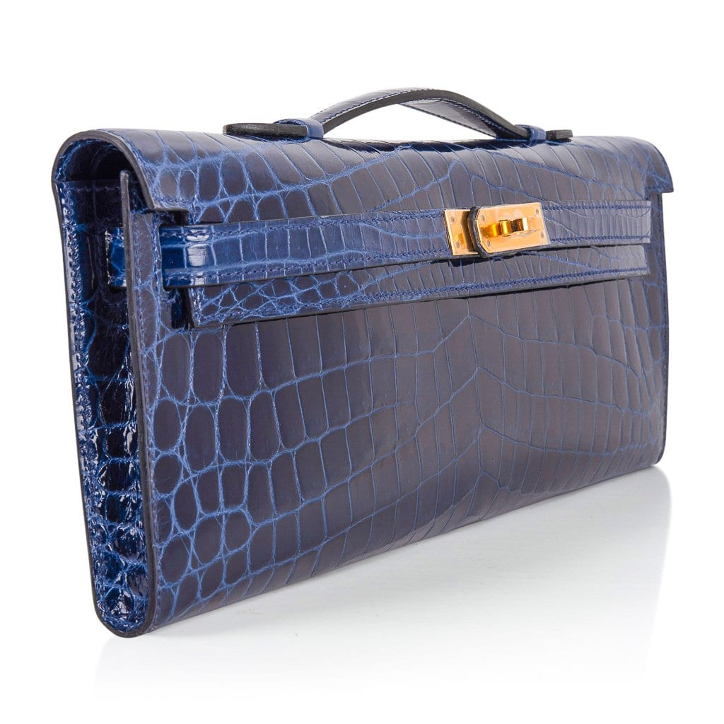 👜Kelly Cut Blue Sapphire Crocodile Clutch Bag Gold Hardware
