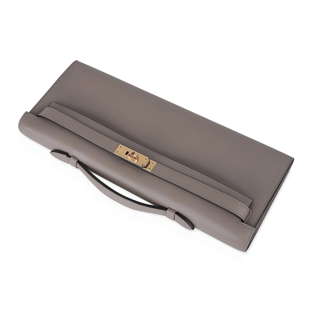 👜Kelly Cut Bag Gris Asphalte Gray Clutch Swift Gold Hardware