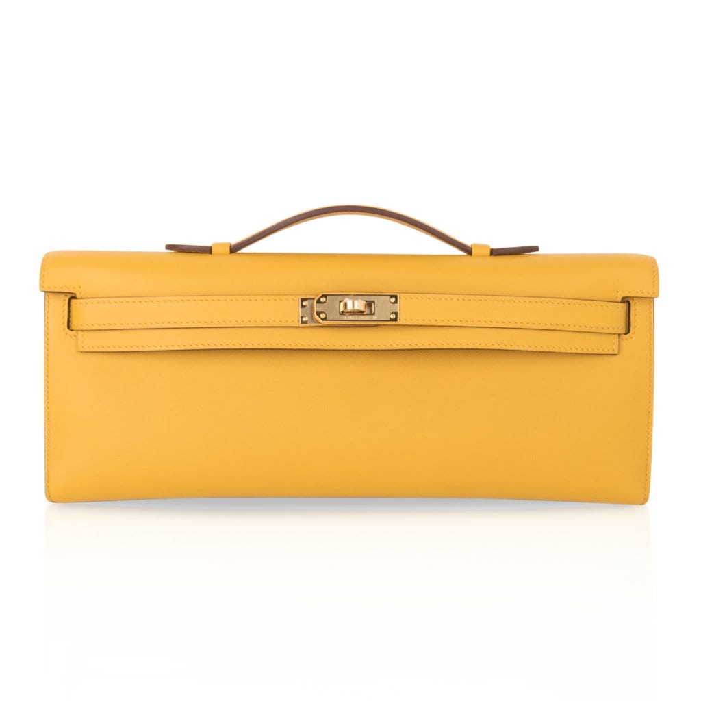 👜Kelly Cut Bag Jaune Ambre Clutch Swift Gold Hardware New