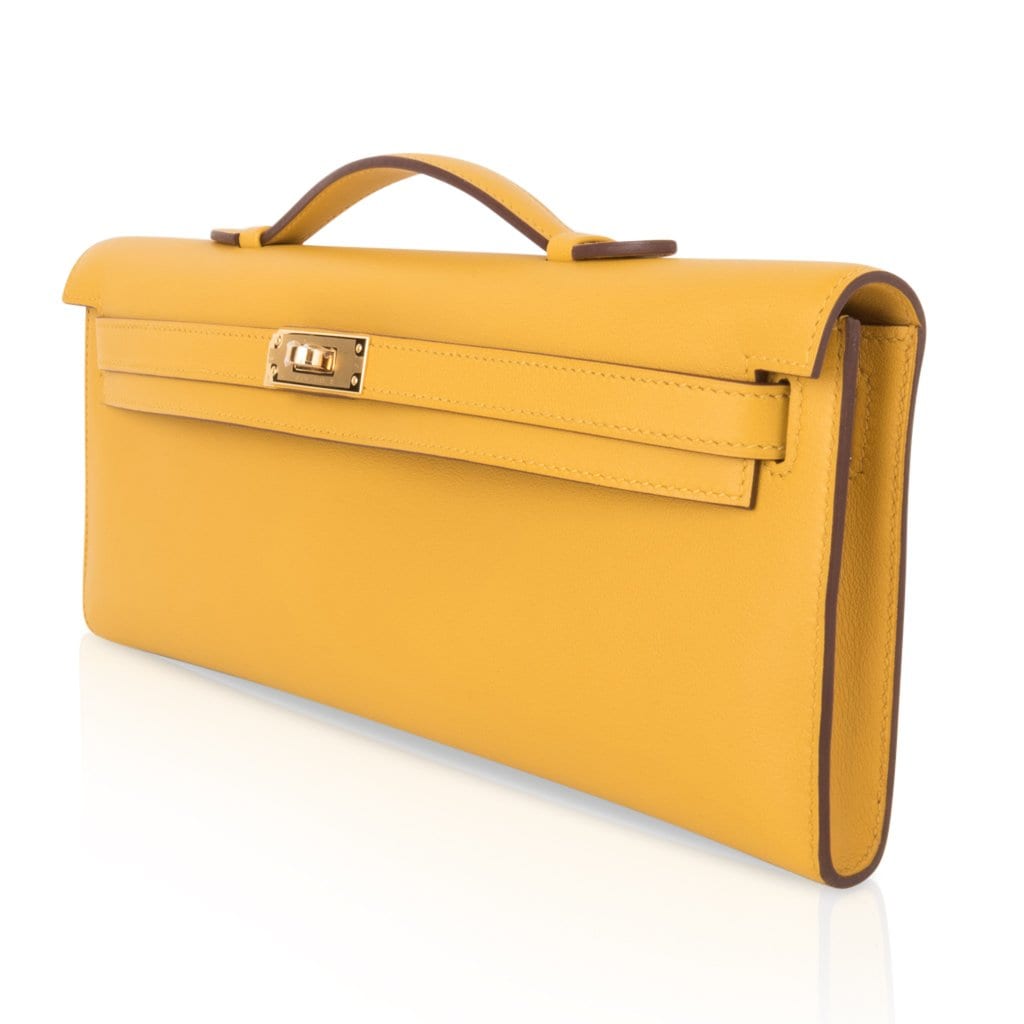 👜Kelly Cut Bag Jaune Ambre Clutch Swift Gold Hardware New
