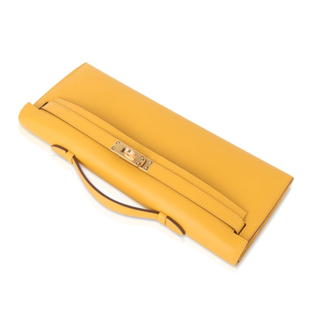 👜Kelly Cut Bag Jaune Ambre Clutch Swift Gold Hardware New