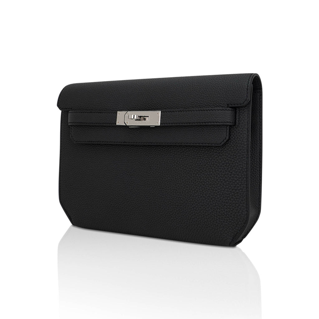 👜Kelly Depeches 25 Pouch Bag Black Galop D’Leather with Palladium Hardware