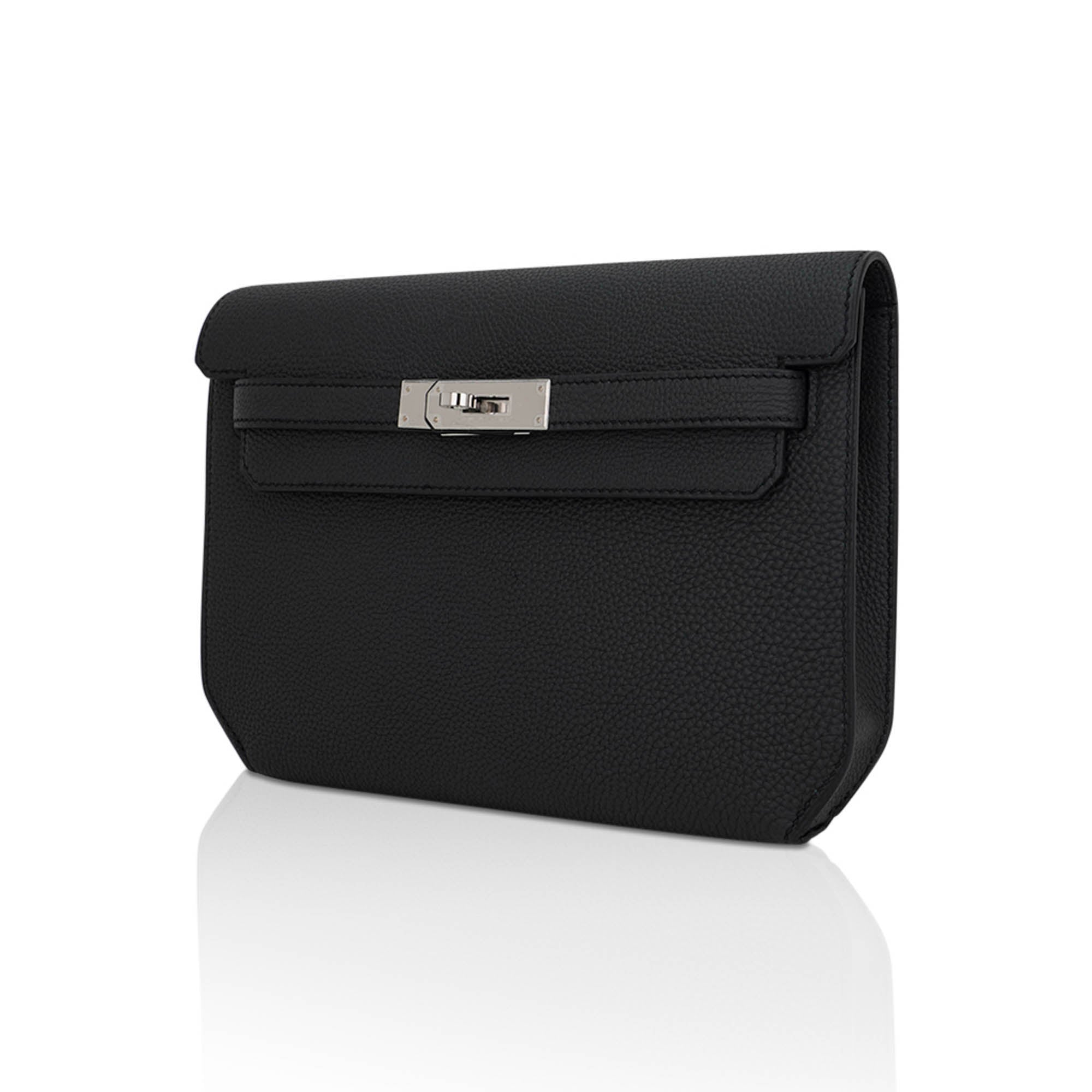 👜Kelly Depeches 25 Pouch Bag Black Galop D’Leather with Palladium Hardware