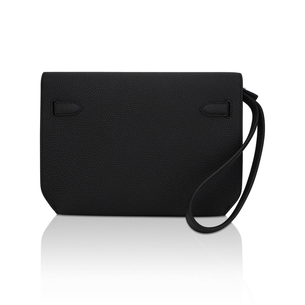 👜Kelly Depeches 25 Pouch Bag Black Galop D’Leather with Palladium Hardware