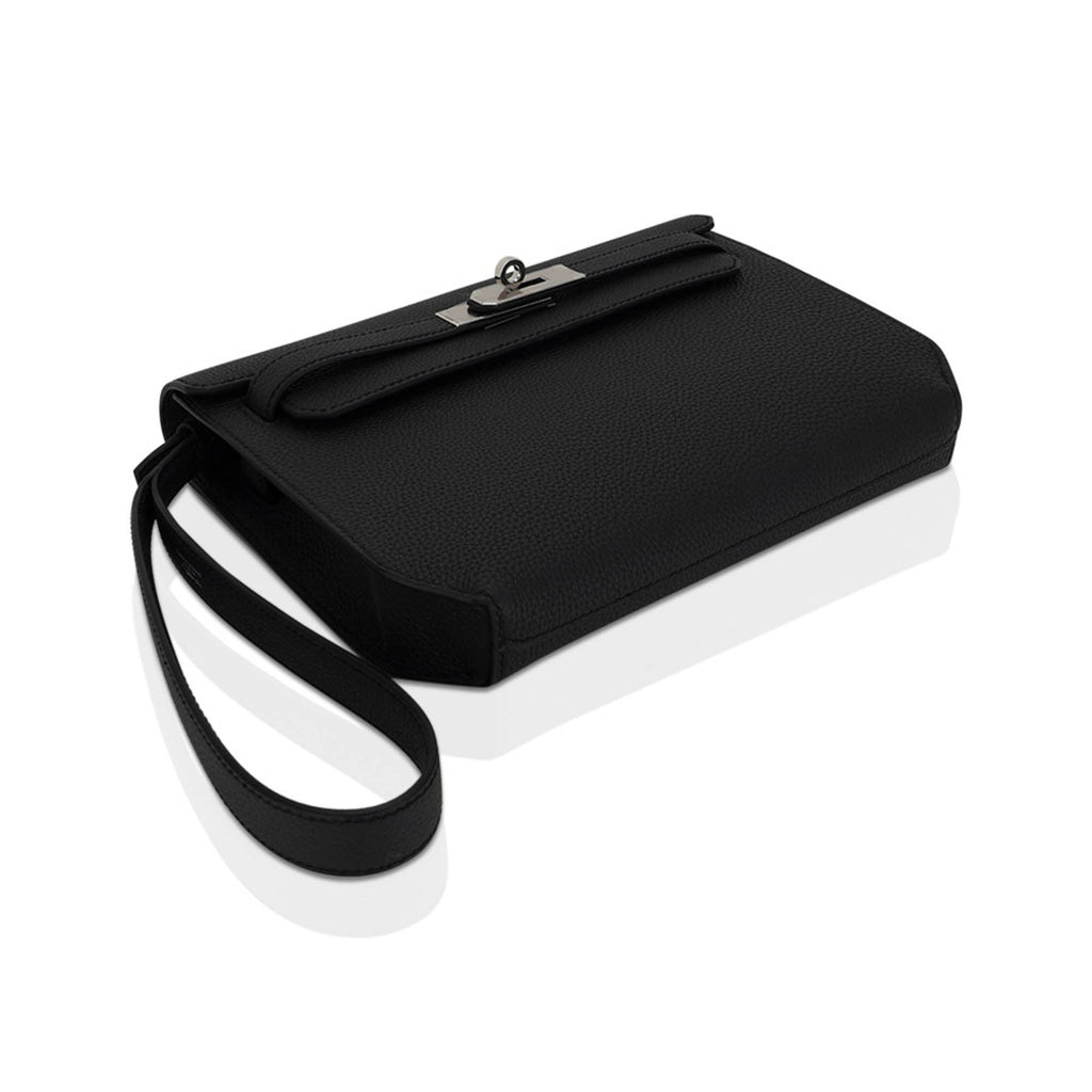 👜Kelly Depeches 25 Pouch Bag Black Galop D’Leather with Palladium Hardware
