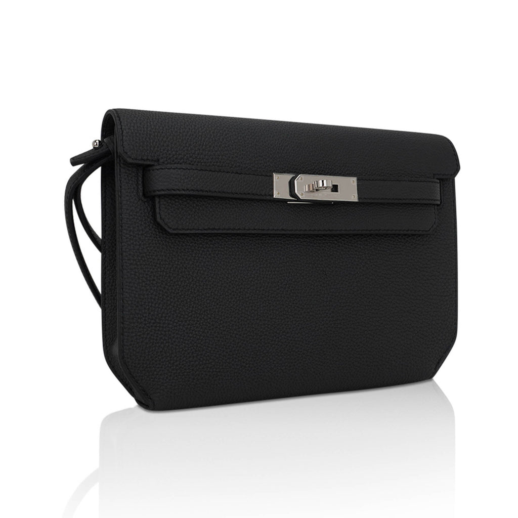 👜Kelly Depeches 25 Pouch Bag Black Galop D’Leather with Palladium Hardware