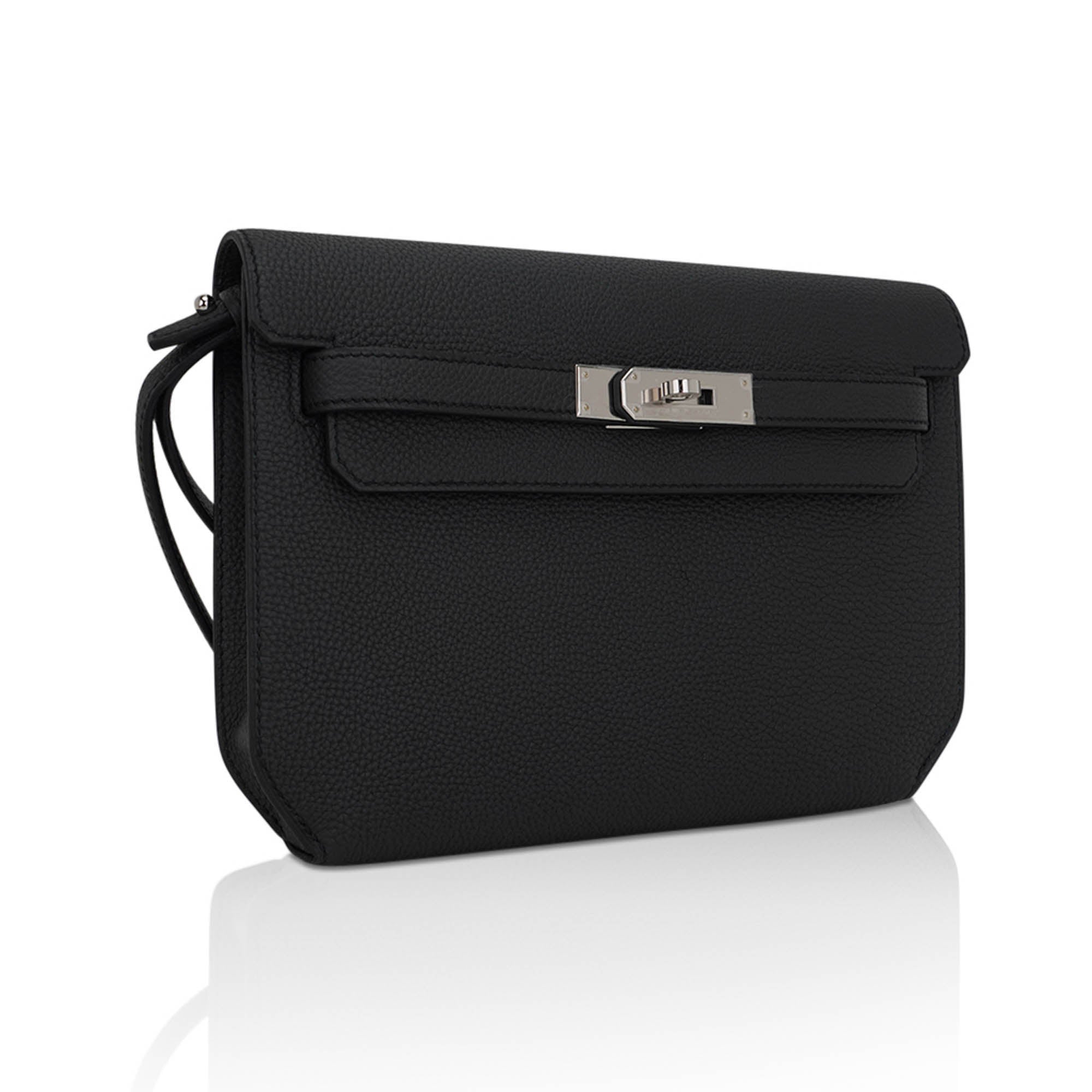 👜Kelly Depeches 25 Pouch Bag Black Galop D’Leather with Palladium Hardware