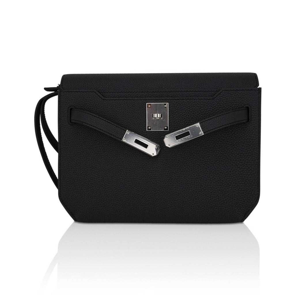 👜Kelly Depeches 25 Pouch Bag Black Galop D’Leather with Palladium Hardware