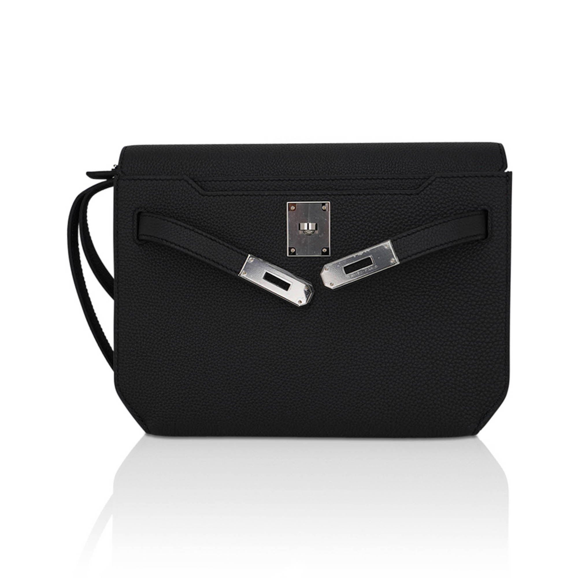 👜Kelly Depeches 25 Pouch Bag Black Galop D’Leather with Palladium Hardware