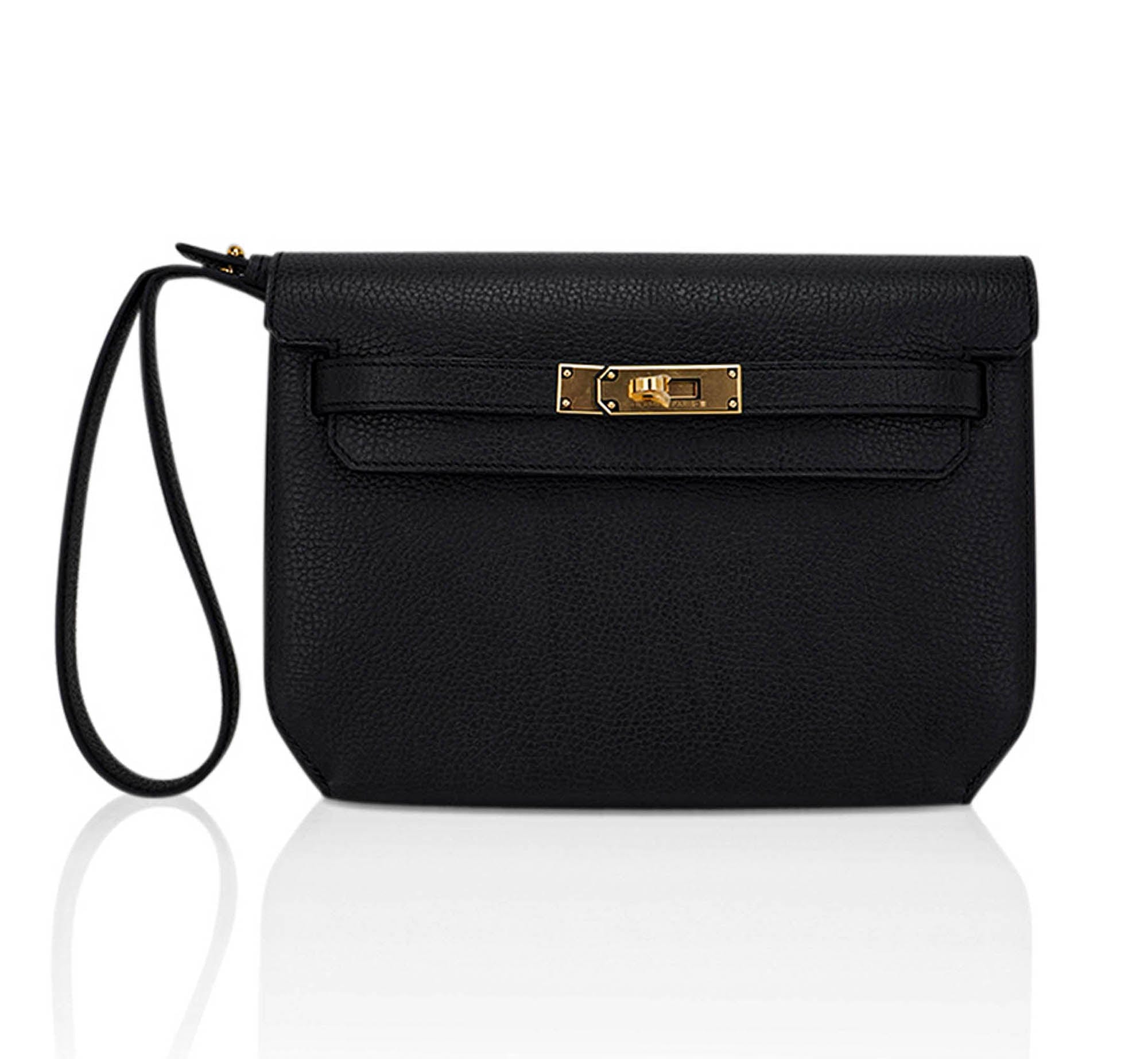 👜Kelly Depeches 25 Pouch Black Galop D’Leather with Gold Hardware