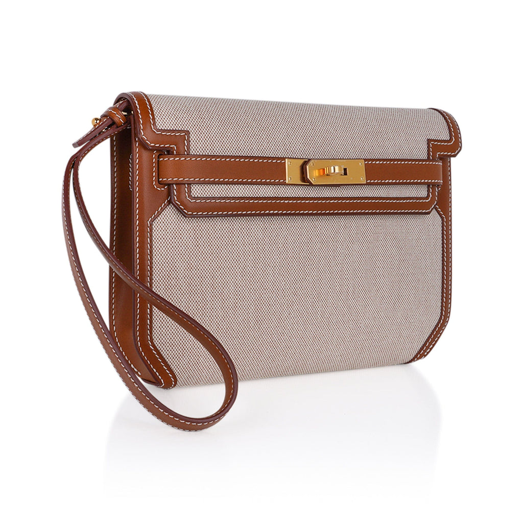 👜Kelly Depeches 25 Pouch Toile / Fauve Barenia Trim Gold Hardware