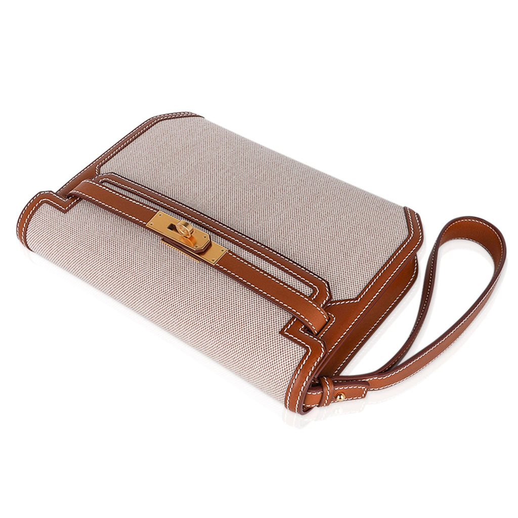 👜Kelly Depeches 25 Pouch Toile / Fauve Barenia Trim Gold Hardware