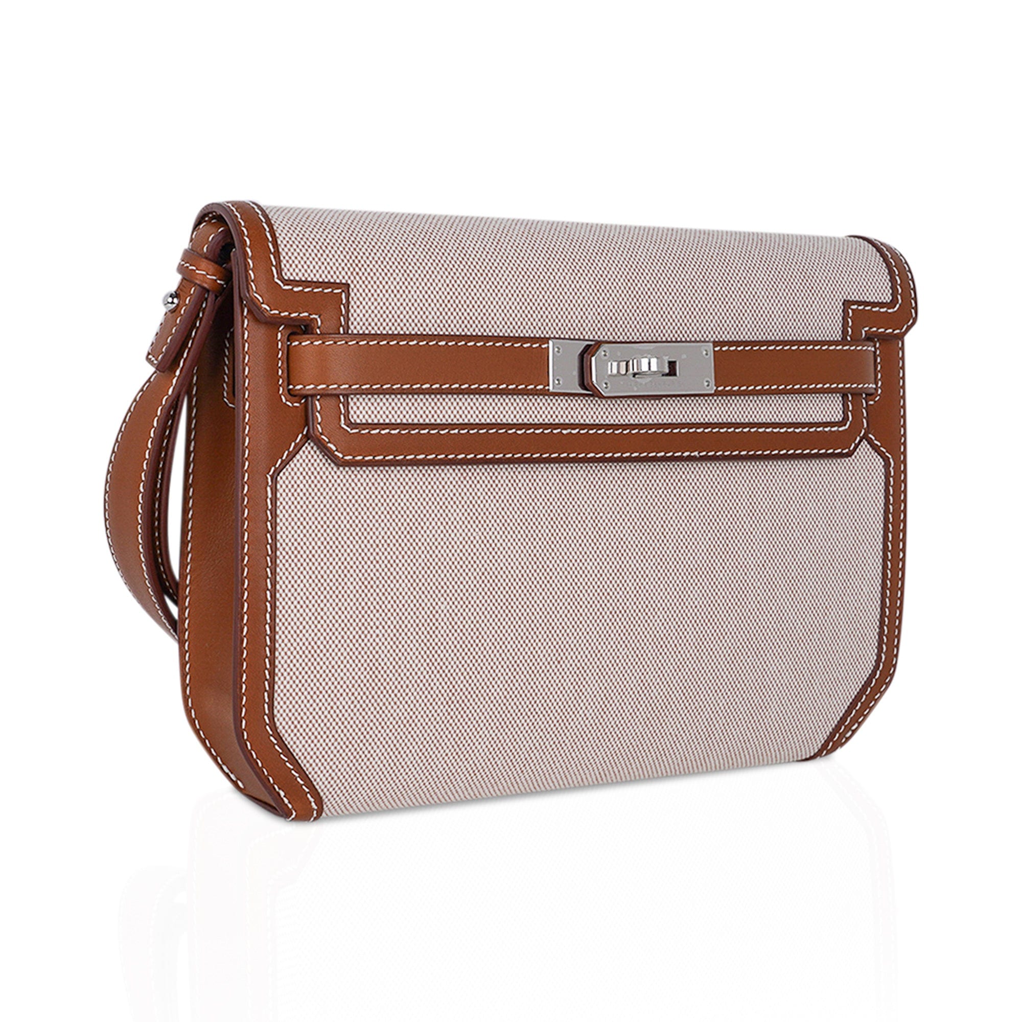 👜Kelly Depeches 25 Pouch Toile & Fauve Barenia Trim with Palladium Hardware