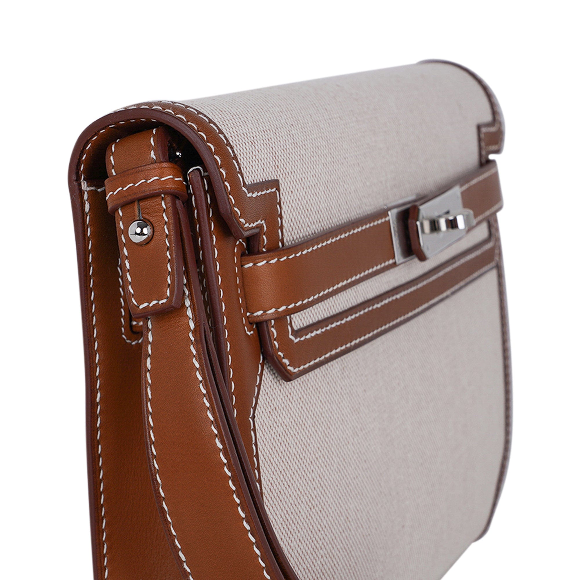 👜Kelly Depeches 25 Pouch Toile & Fauve Barenia Trim with Palladium Hardware