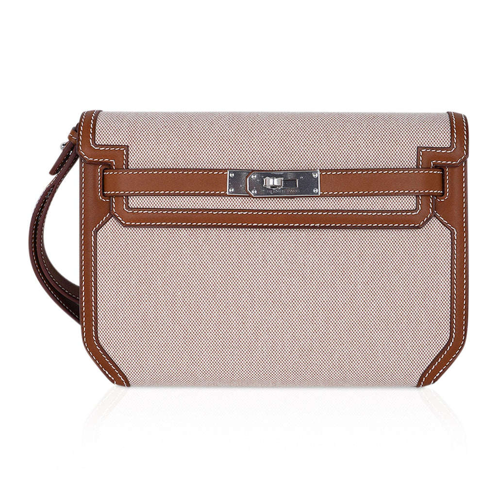 👜Kelly Depeches 25 Pouch Toile & Fauve Barenia Trim with Palladium Hardware