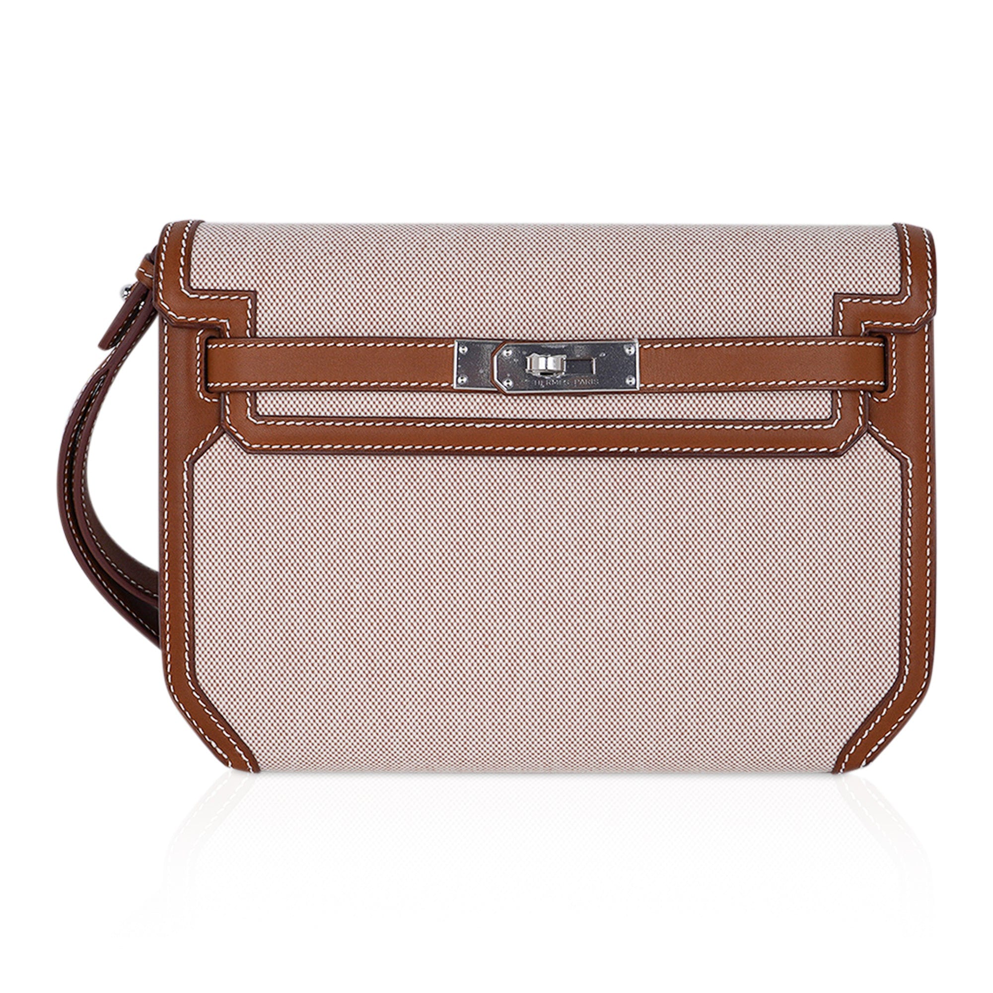👜Kelly Depeches 25 Pouch Toile & Fauve Barenia Trim with Palladium Hardware