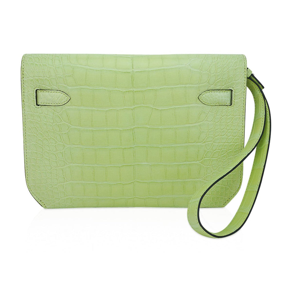 👜Kelly Depeches 25 Pouch Jaune Bourgeon Matte Alligator Palladium Hardware