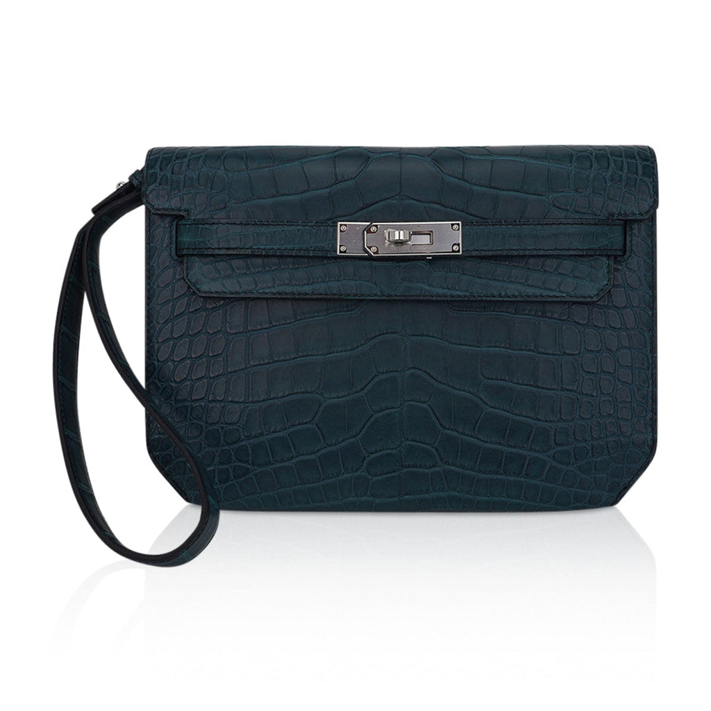 👜Kelly Depeches 25 Pouch Vert Rousseau Matte Alligator Palladium Hardware
