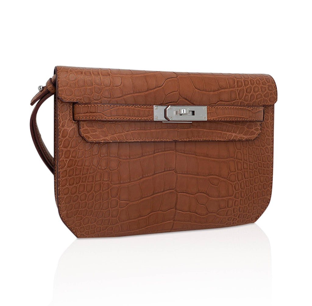 👜Kelly Depeches 25 Pouch Matte Gold Alligator with Palladium Hardware