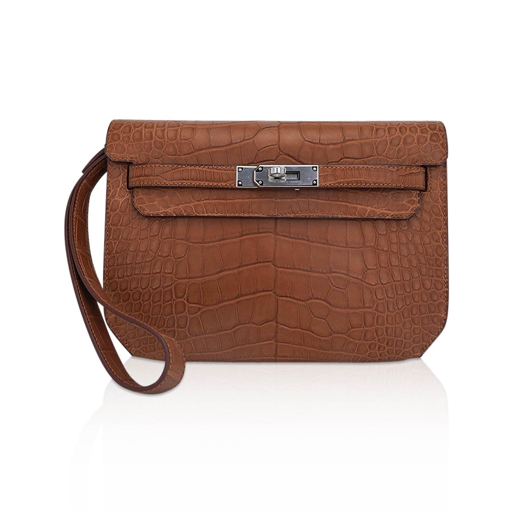 👜Kelly Depeches 25 Pouch Matte Gold Alligator with Palladium Hardware