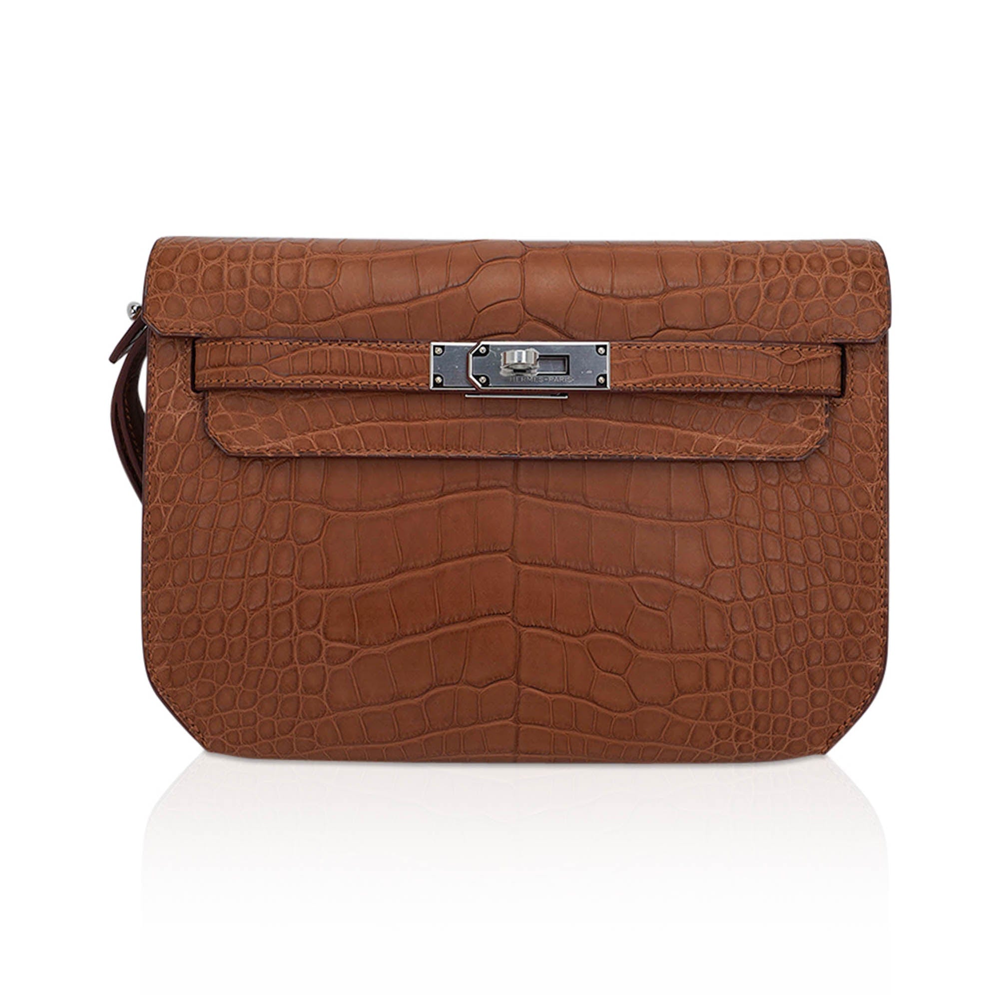 👜Kelly Depeches 25 Pouch Matte Gold Alligator with Palladium Hardware