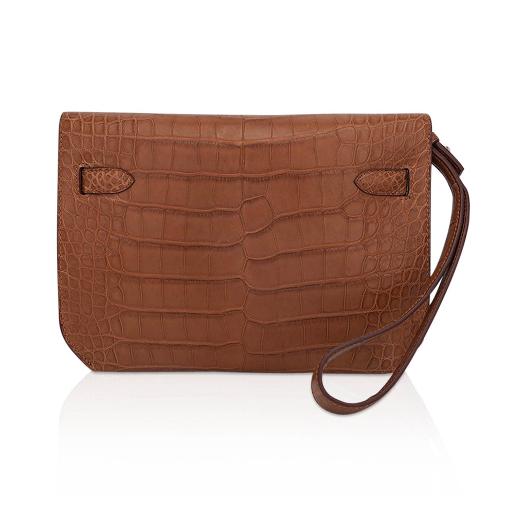 👜Kelly Depeches 25 Pouch Matte Gold Alligator with Palladium Hardware