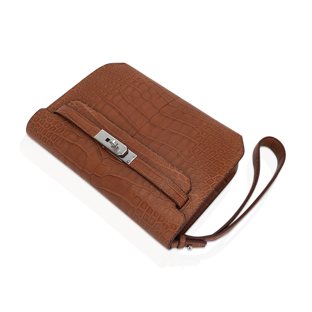 👜Kelly Depeches 25 Pouch Matte Gold Alligator with Palladium Hardware