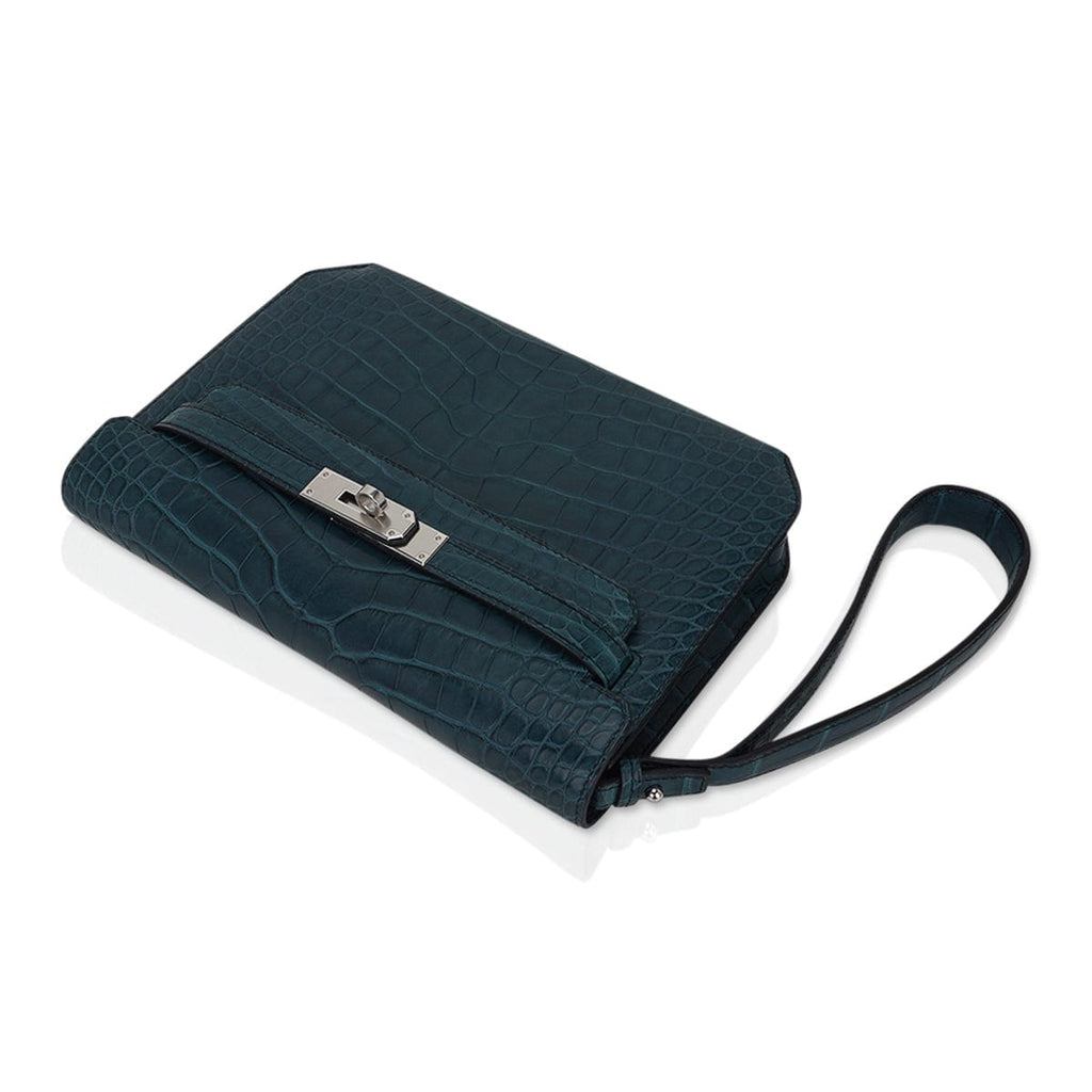 👜Kelly Depeches 25 Pouch Vert Rousseau Matte Alligator Palladium Hardware
