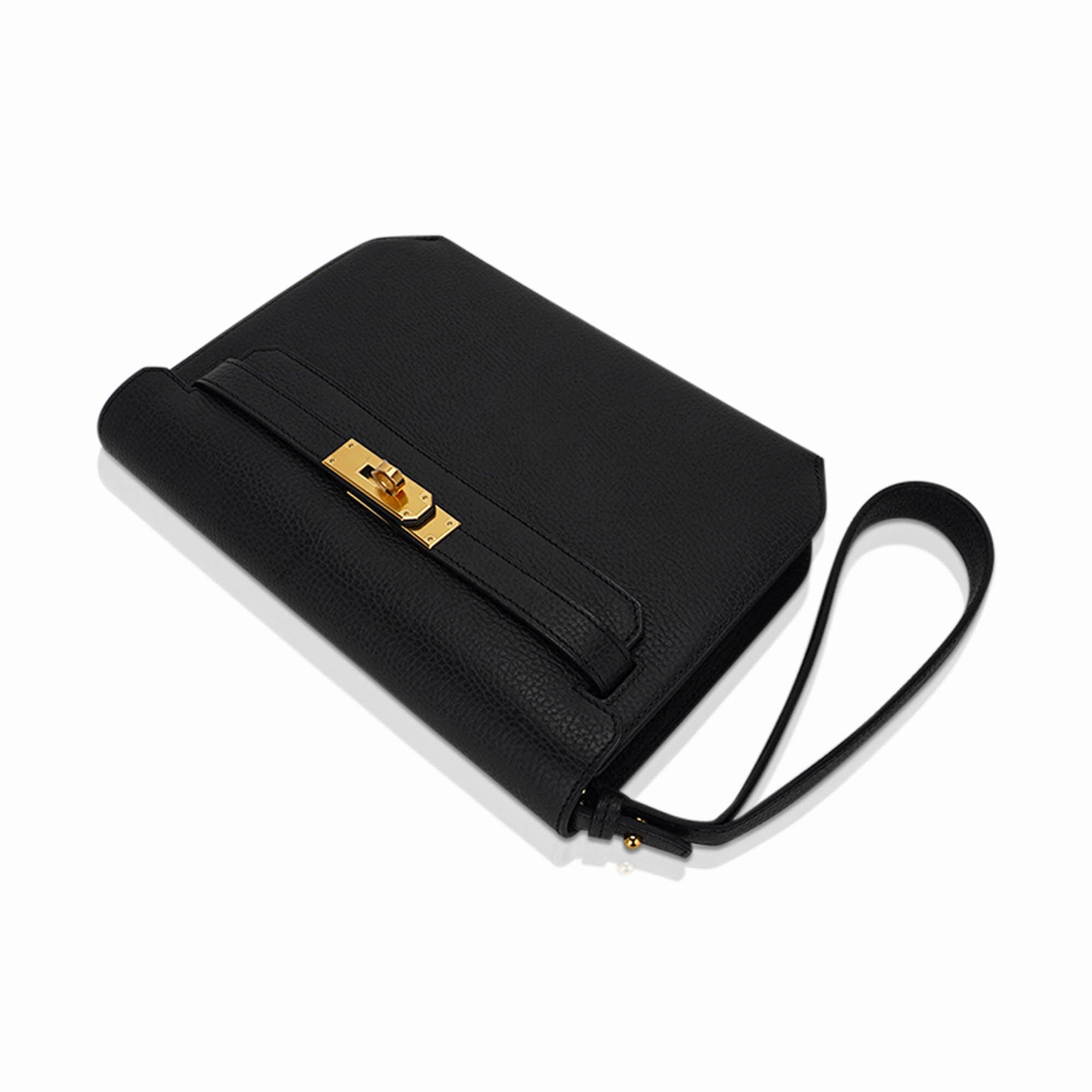 👜Kelly Depeches 25 Pouch Black Galop D’Leather with Gold Hardware