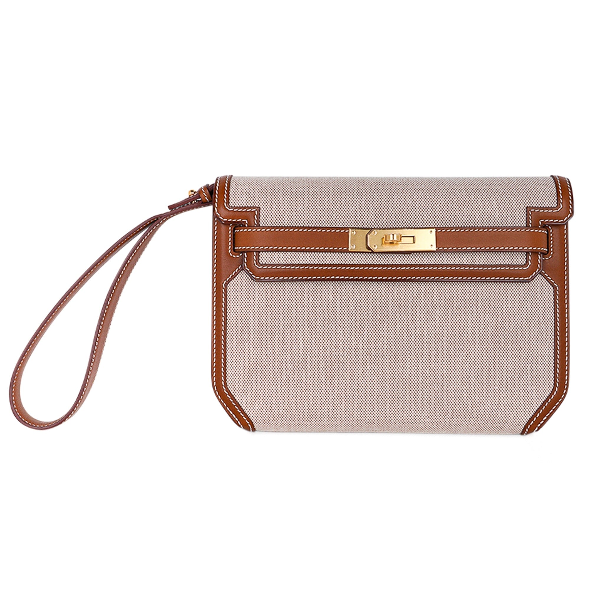 👜Kelly Depeches 25 Pouch Toile / Fauve Barenia Trim Gold Hardware