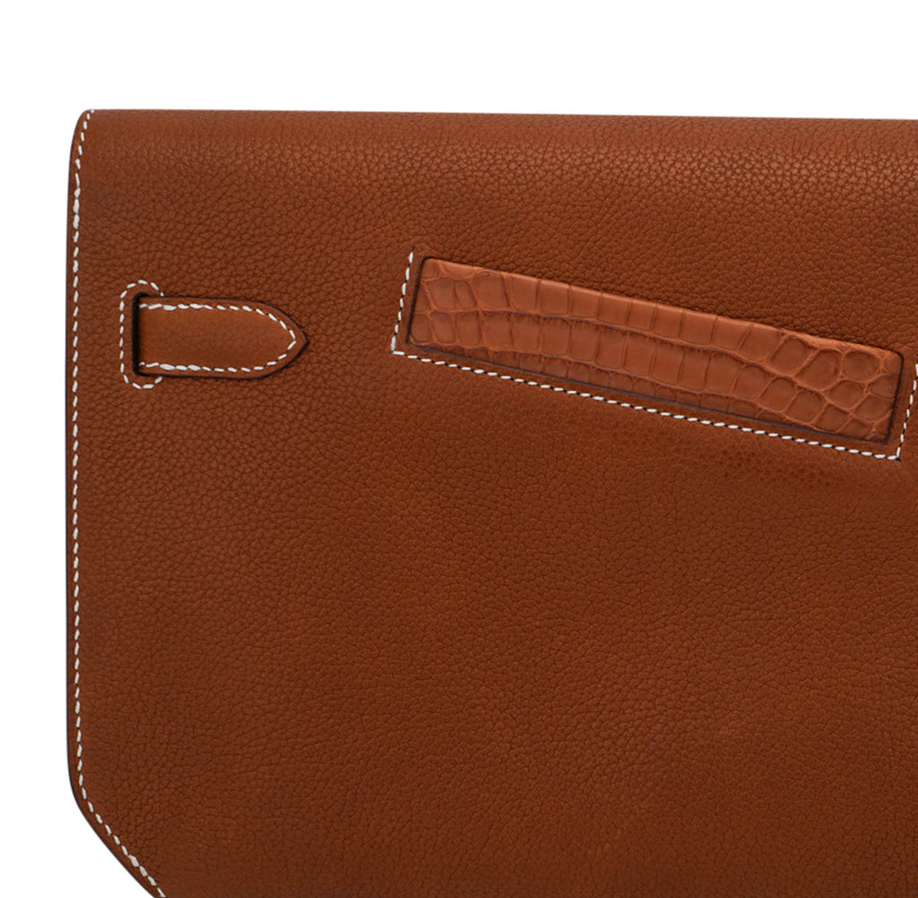 👜Kelly Depeches Touch Pouch 25 Bag Fauve Barenia Faubourg Leather and Gold Matte Alligator with Palladium Hardware