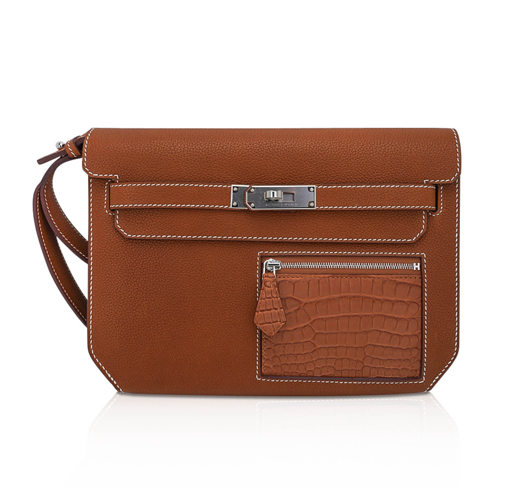 👜Kelly Depeches Touch Pouch 25 Bag Fauve Barenia Faubourg Leather and Gold Matte Alligator with Palladium Hardware