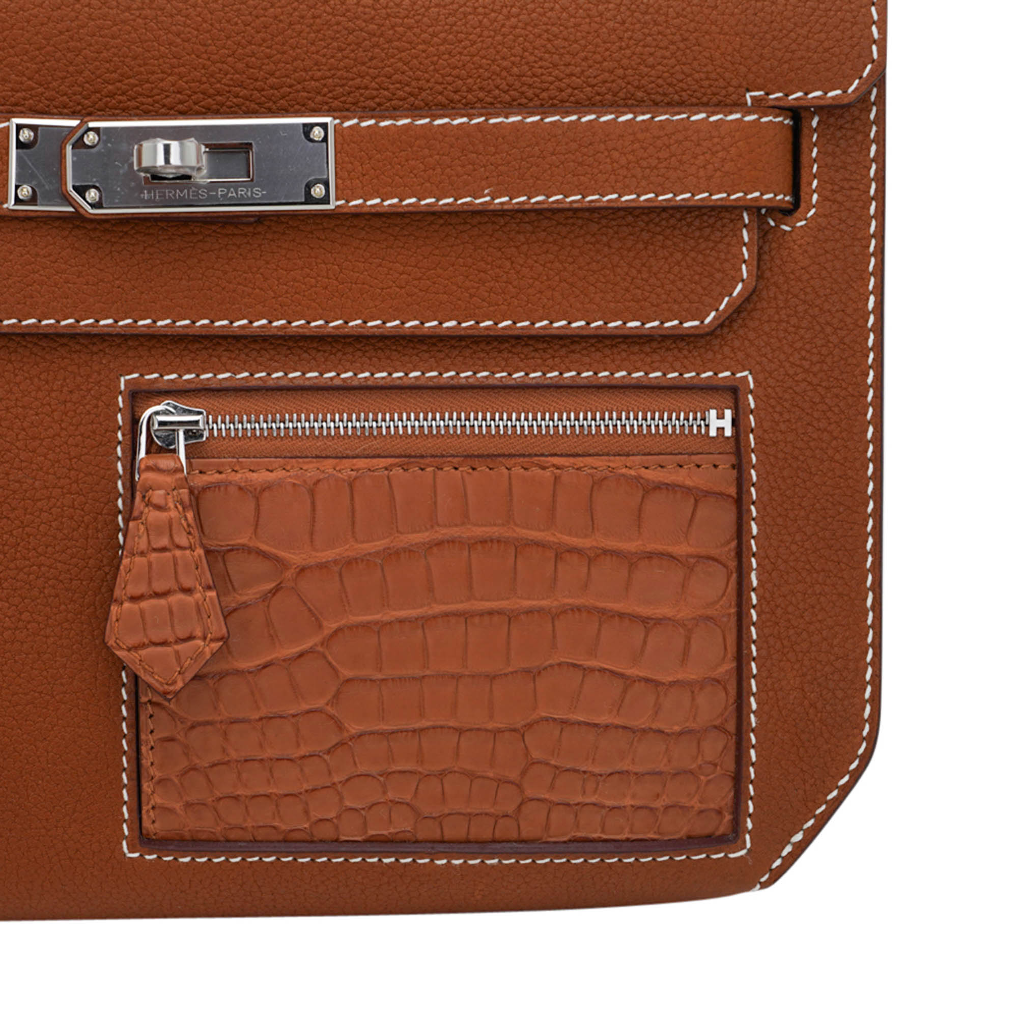 👜Kelly Depeches Touch Pouch 25 Bag Fauve Barenia Faubourg Leather and Gold Matte Alligator with Palladium Hardware