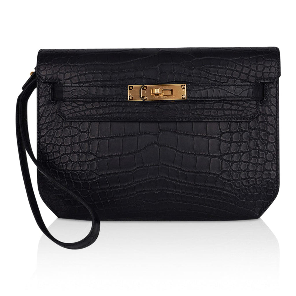 👜Kelly Depeches 25 Pouch Black Matte Alligator Gold Hardware New