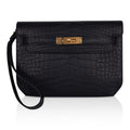 👜Kelly Depeches 25 Pouch Black Matte Alligator Gold Hardware New