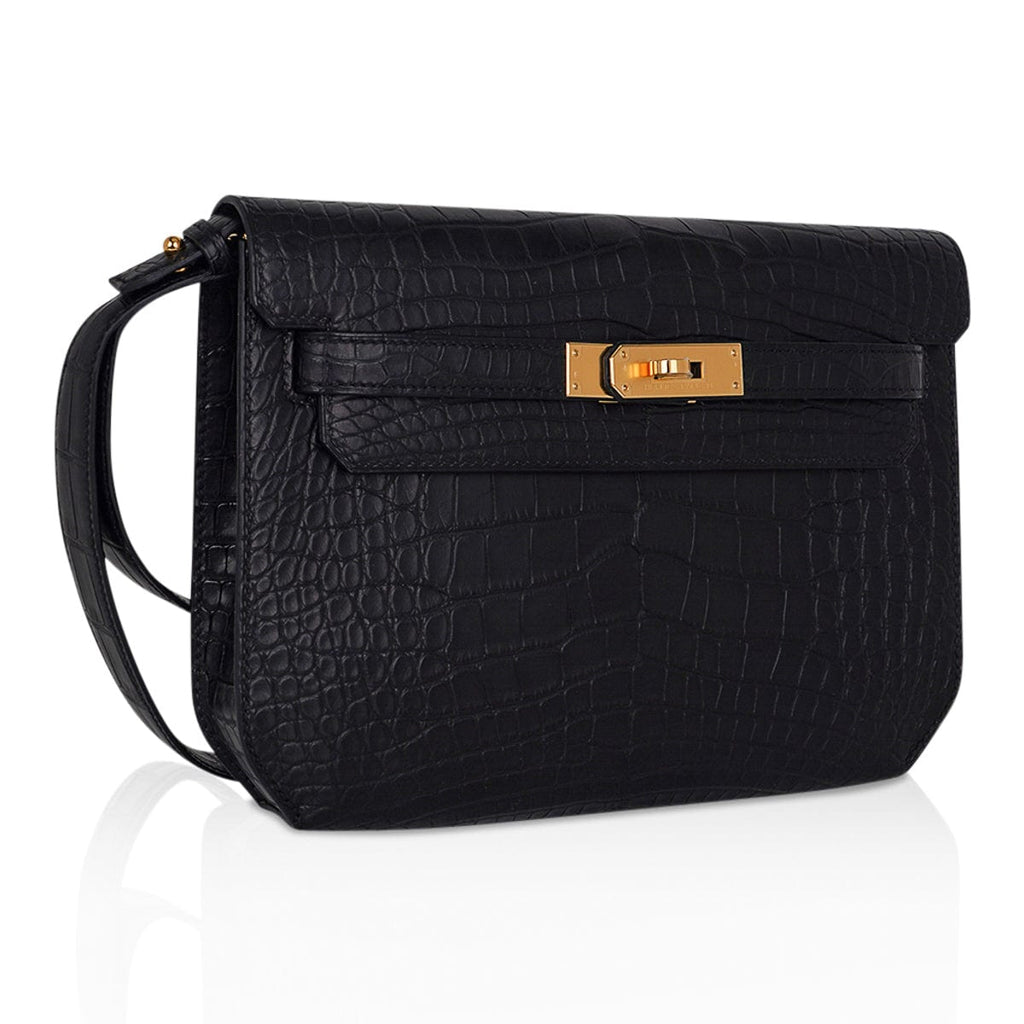👜Kelly Depeches 25 Pouch Black Matte Alligator Gold Hardware New