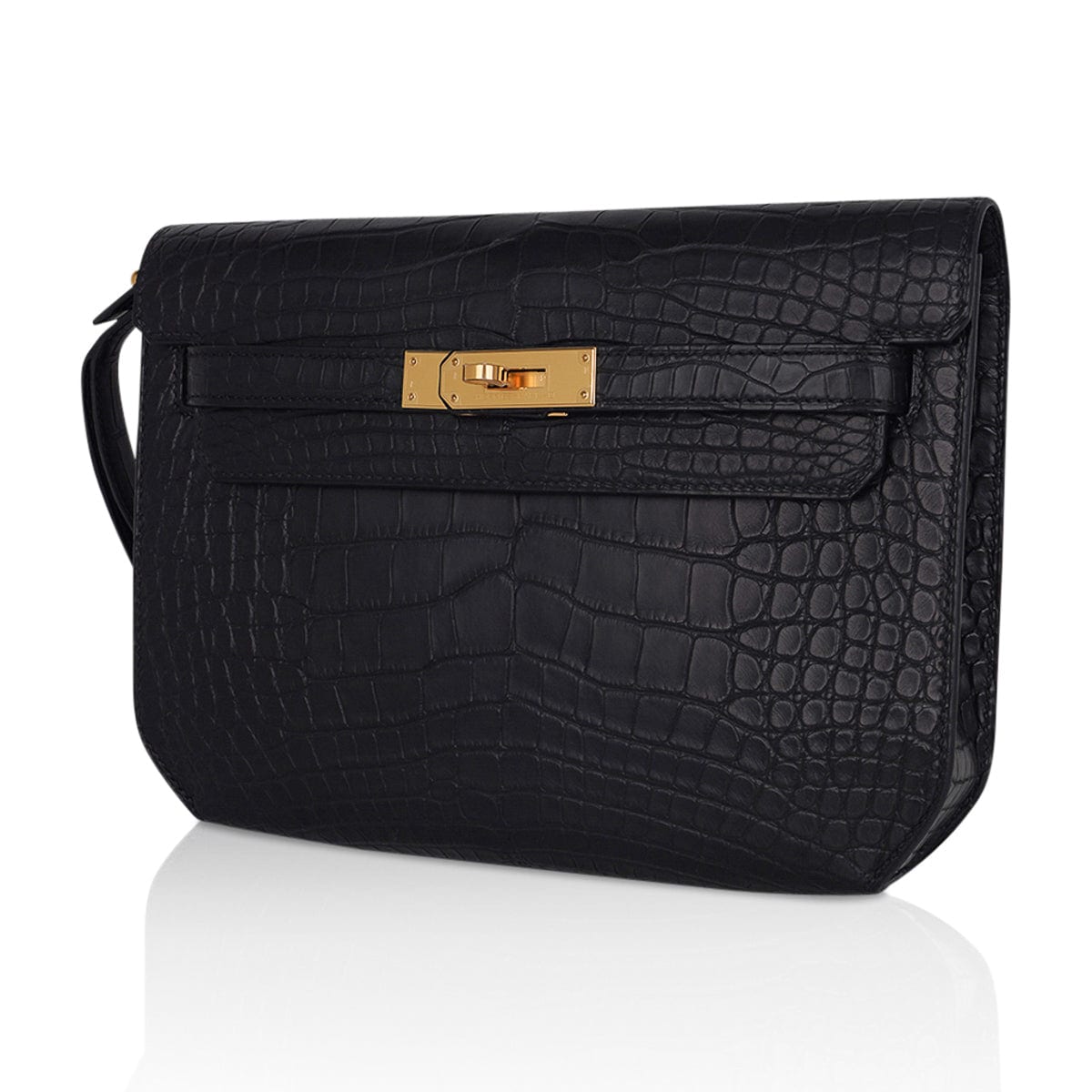 👜Kelly Depeches 25 Pouch Black Matte Alligator Gold Hardware New