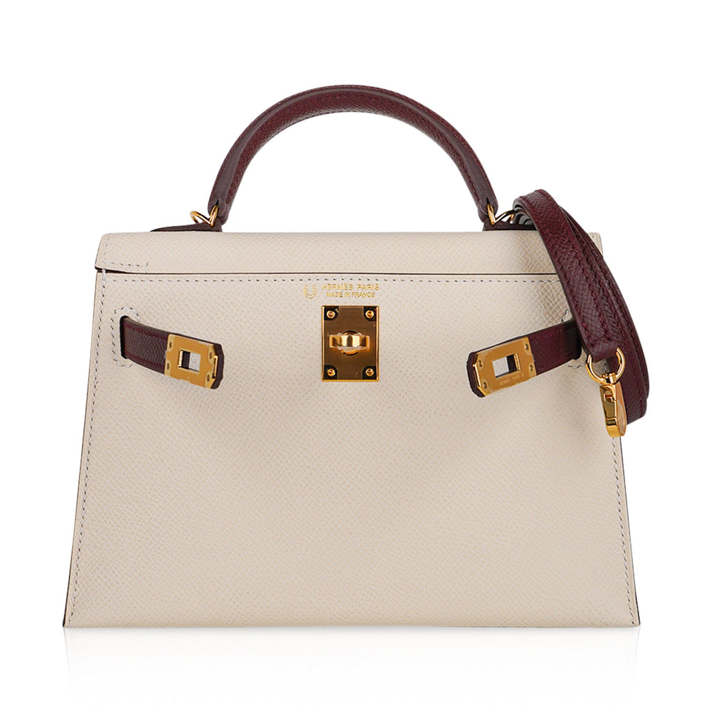 👜Special Order HSS Mini Kelly 20 Sellier Bag Nata & Bordeaux Epsom Leather with Gold Hardware