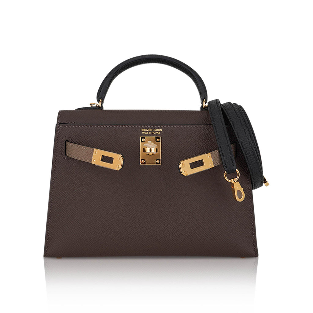 👜Special Order HSS Mini Kelly 20 Sellier Bag Ecorce Etoupe and Black with Gold Hardware