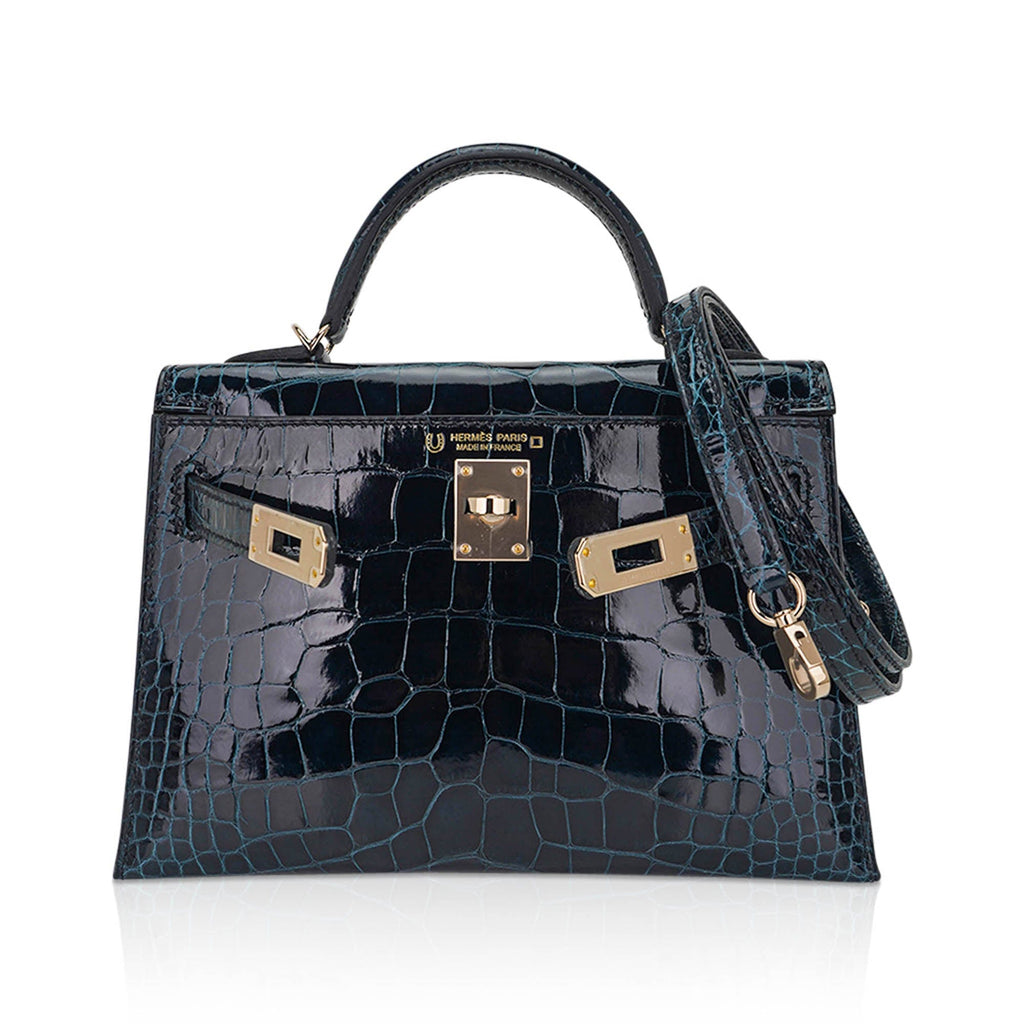 👜Limited Edition Verso Mini Kelly 20 Sellier Bag Vert Rousseau & Blue Paon Alligator with Permabrass Hardware