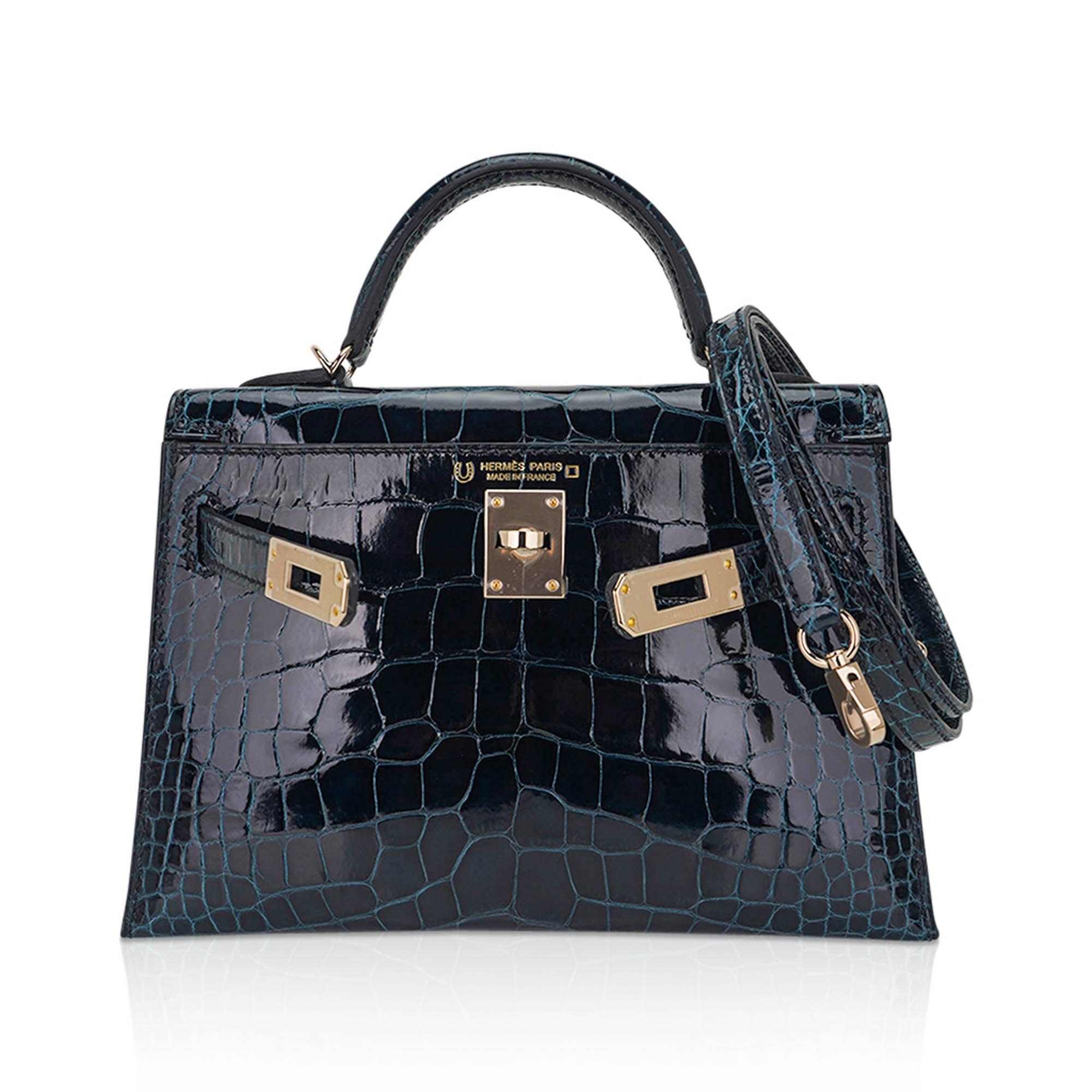 👜Limited Edition Verso Mini Kelly 20 Sellier Bag Vert Rousseau & Blue Paon Alligator with Permabrass Hardware