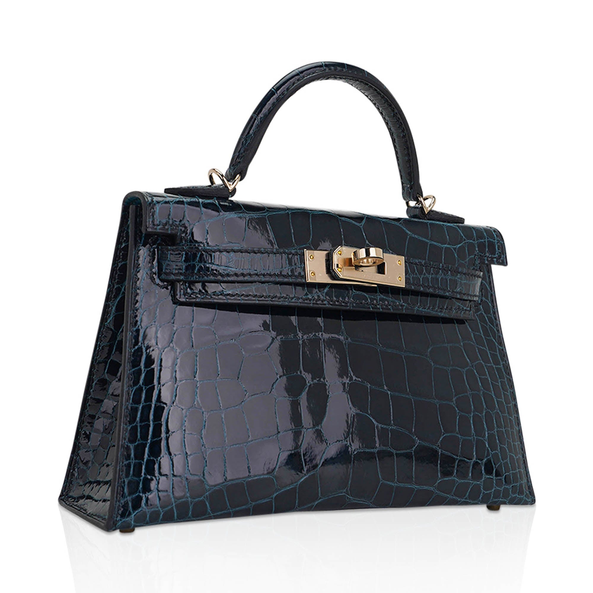 👜Limited Edition Verso Mini Kelly 20 Sellier Bag Vert Rousseau & Blue Paon Alligator with Permabrass Hardware