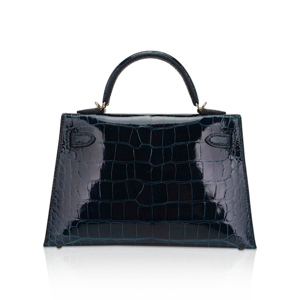 👜Limited Edition Verso Mini Kelly 20 Sellier Bag Vert Rousseau & Blue Paon Alligator with Permabrass Hardware