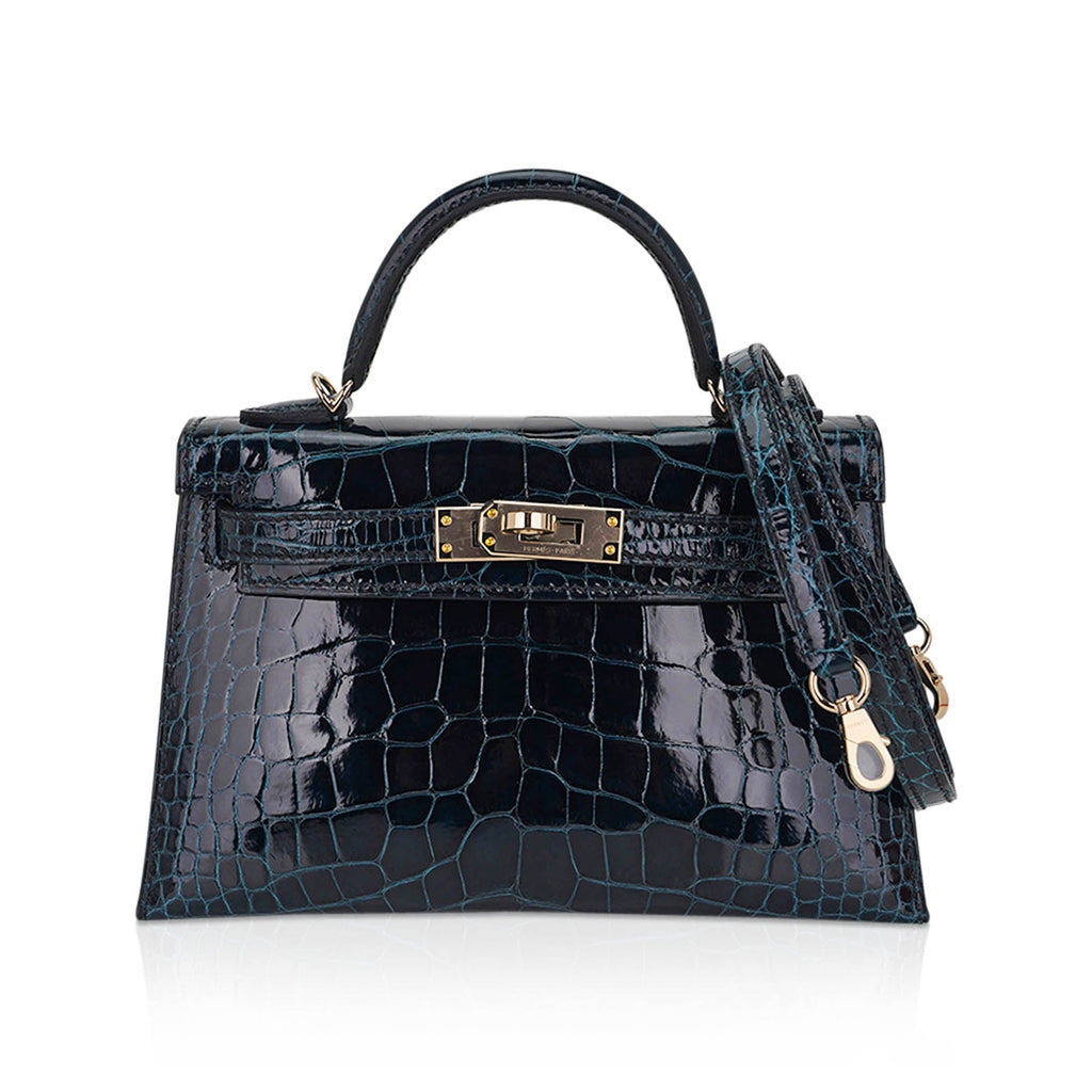 👜Limited Edition Verso Mini Kelly 20 Sellier Bag Vert Rousseau & Blue Paon Alligator with Permabrass Hardware