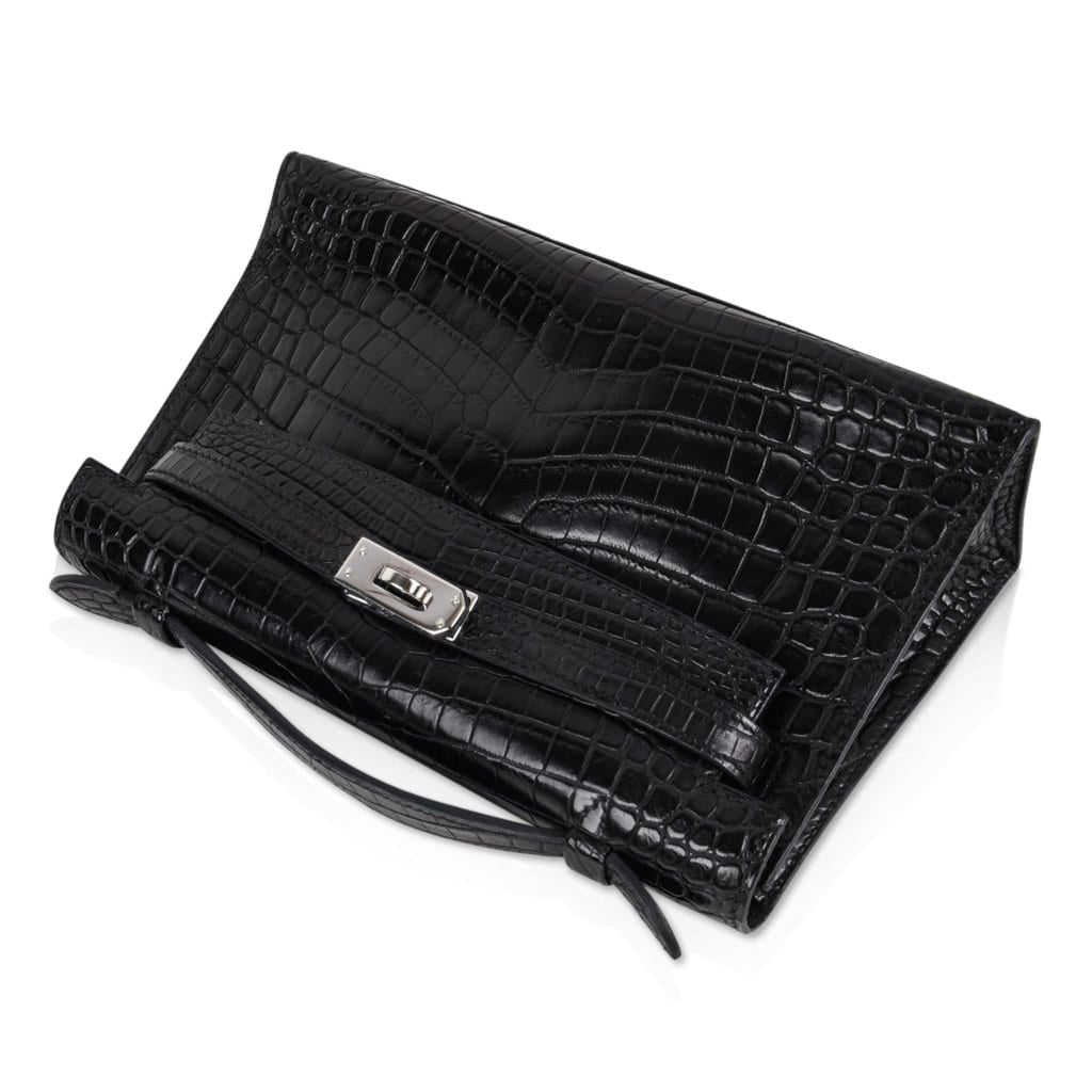 👜Kelly Pochette Bag Matte Black Crocodile Clutch Palladium